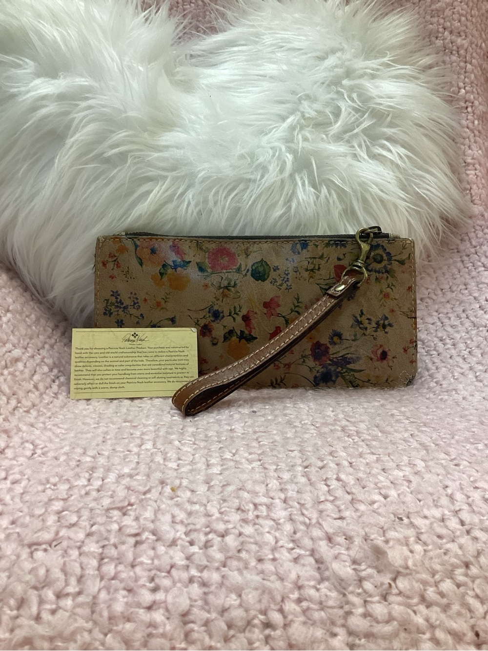 Patricia Nash Floral Leather Wristlet in Tan with Multicolor Accents